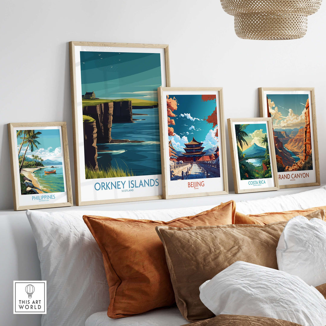 Framed Orkney Islands wall art among travel posters, showcasing Scottish landscapes and vibrant decor.