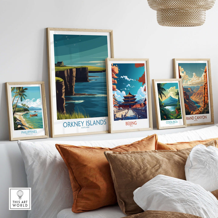 Framed Orkney Islands wall art among travel posters, showcasing Scottish landscapes and vibrant decor.