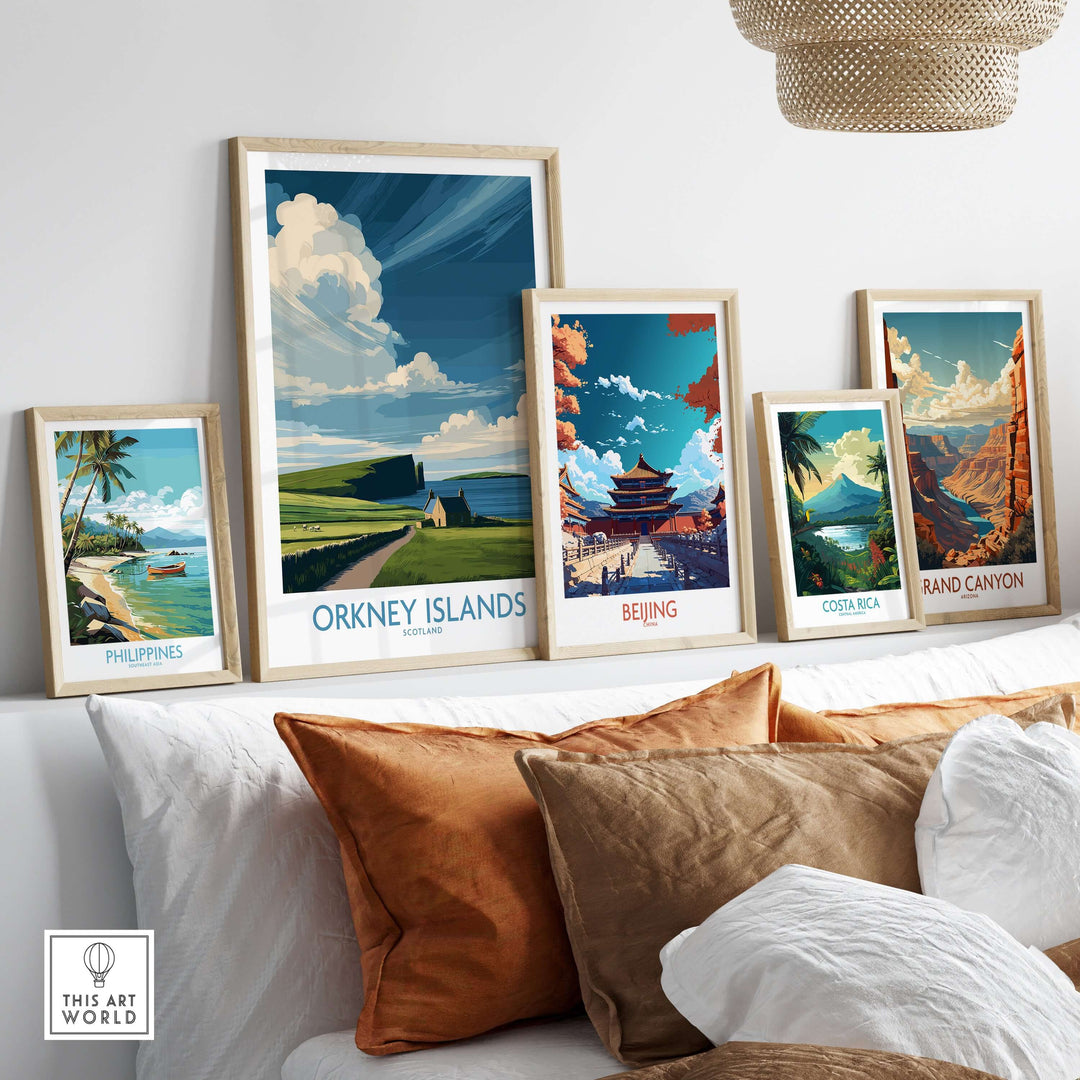 Framed wall art featuring Orkney Islands and other global landscapes for stylish home decor.