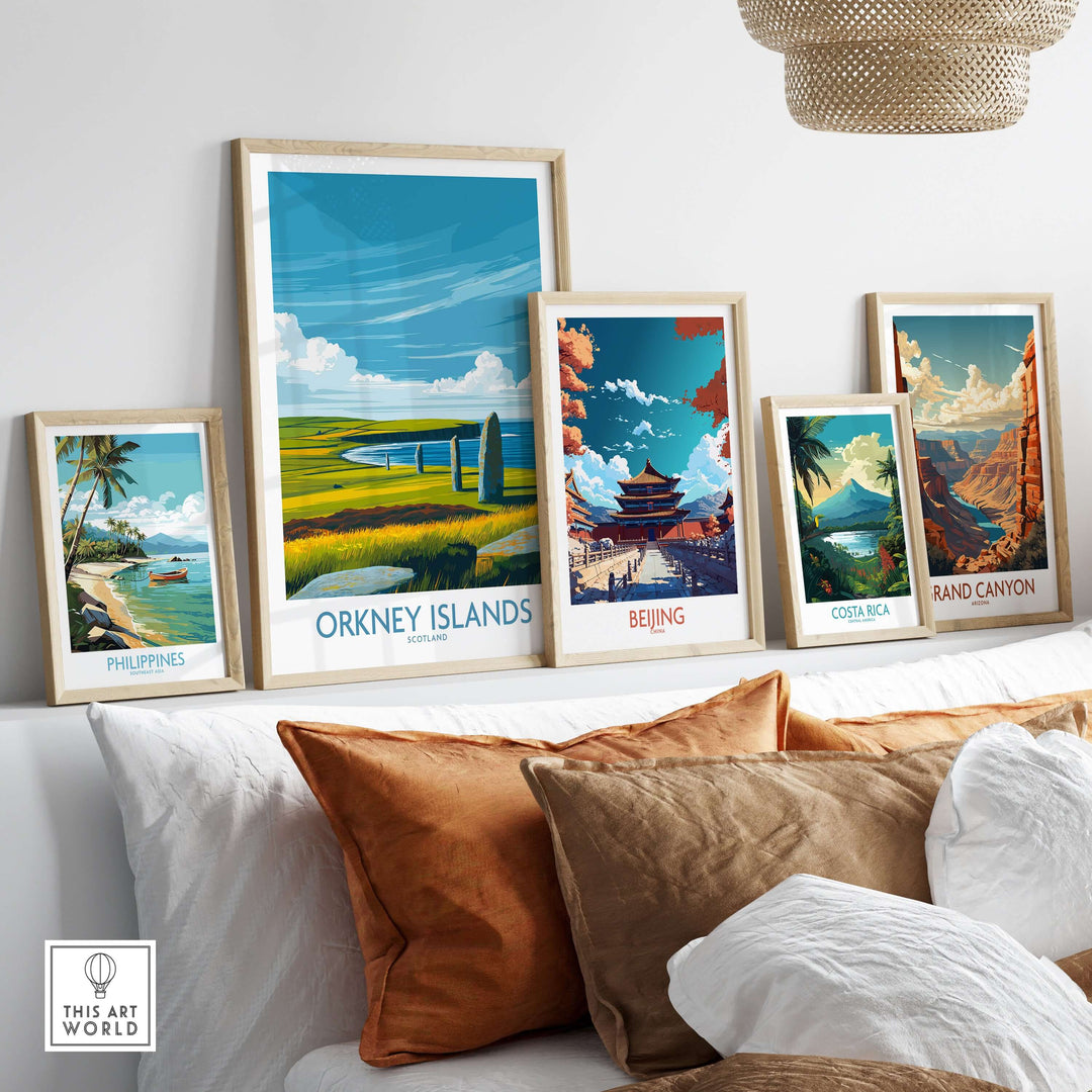 Collection of travel posters featuring Orkney Islands, Beijing, and Costa Rica, displayed on a stylish living room shelf.