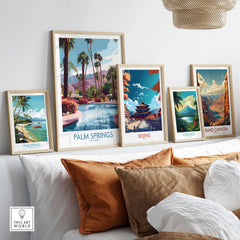 Palm Springs California Vibrant Garden Poster - California Resort Decor displayed among various travel posters.