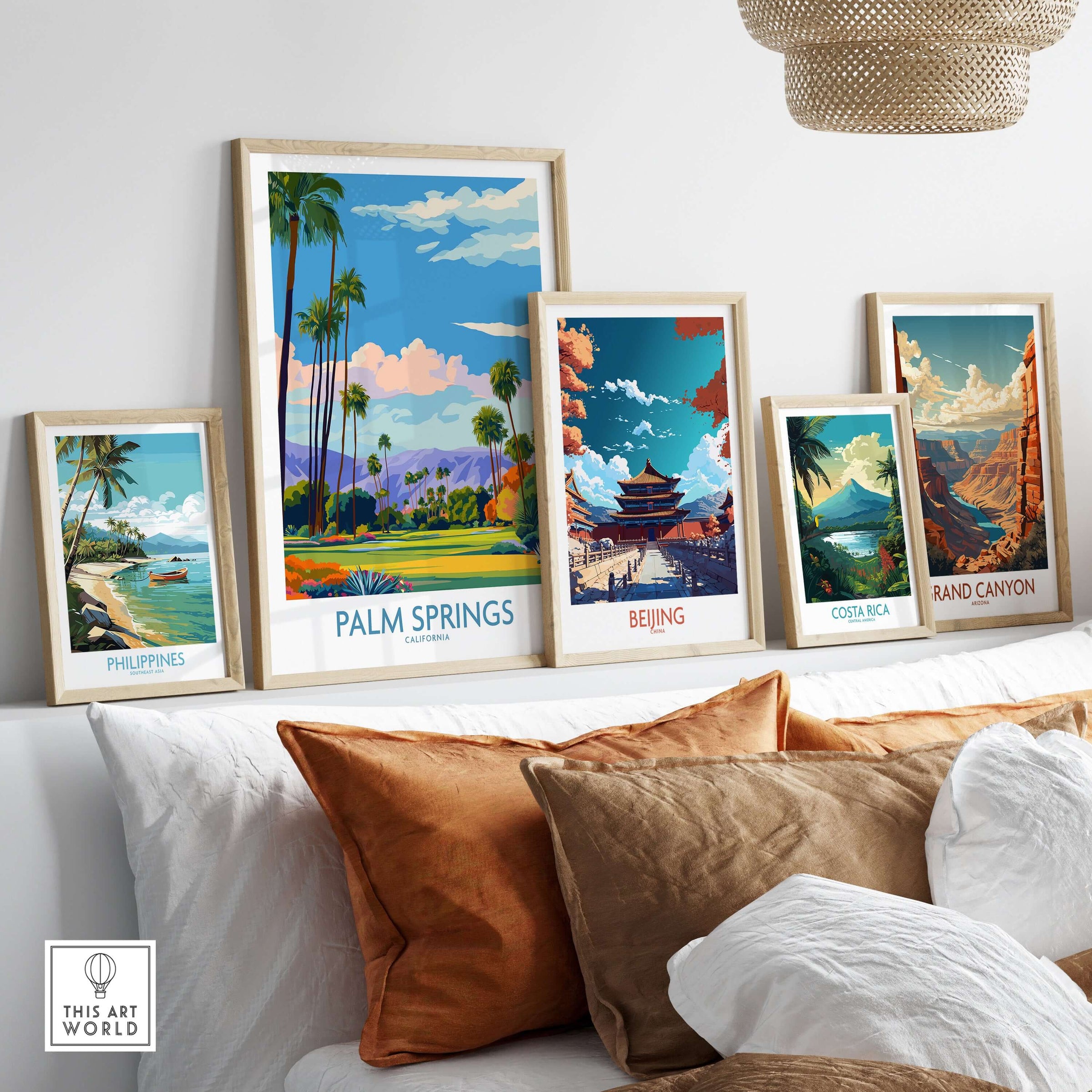 Palm Springs Palm Tree Oasis Wall Art - California Travel Poster displayed among other travel posters on a stylish shelf.