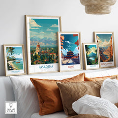 Pasadena California Skyline Wall Art Print among framed travel art prints in a stylish decor setting.