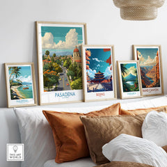 Pasadena Wall Art - California Travel Poster displayed with other travel posters in a stylish interior setting.