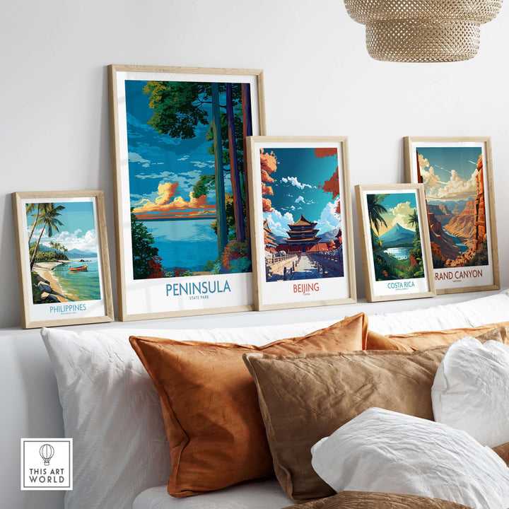 Vibrant landscape prints including Peninsula State Park, showcasing nature decor on a stylish shelf backdrop.