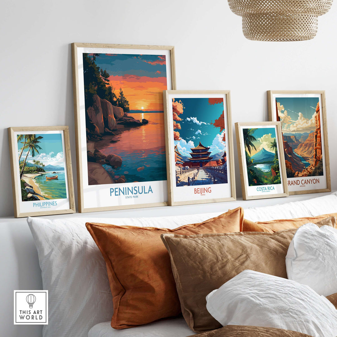 Framed travel posters, including Peninsula State Park, showcasing scenic destinations and vibrant colors for home decor.