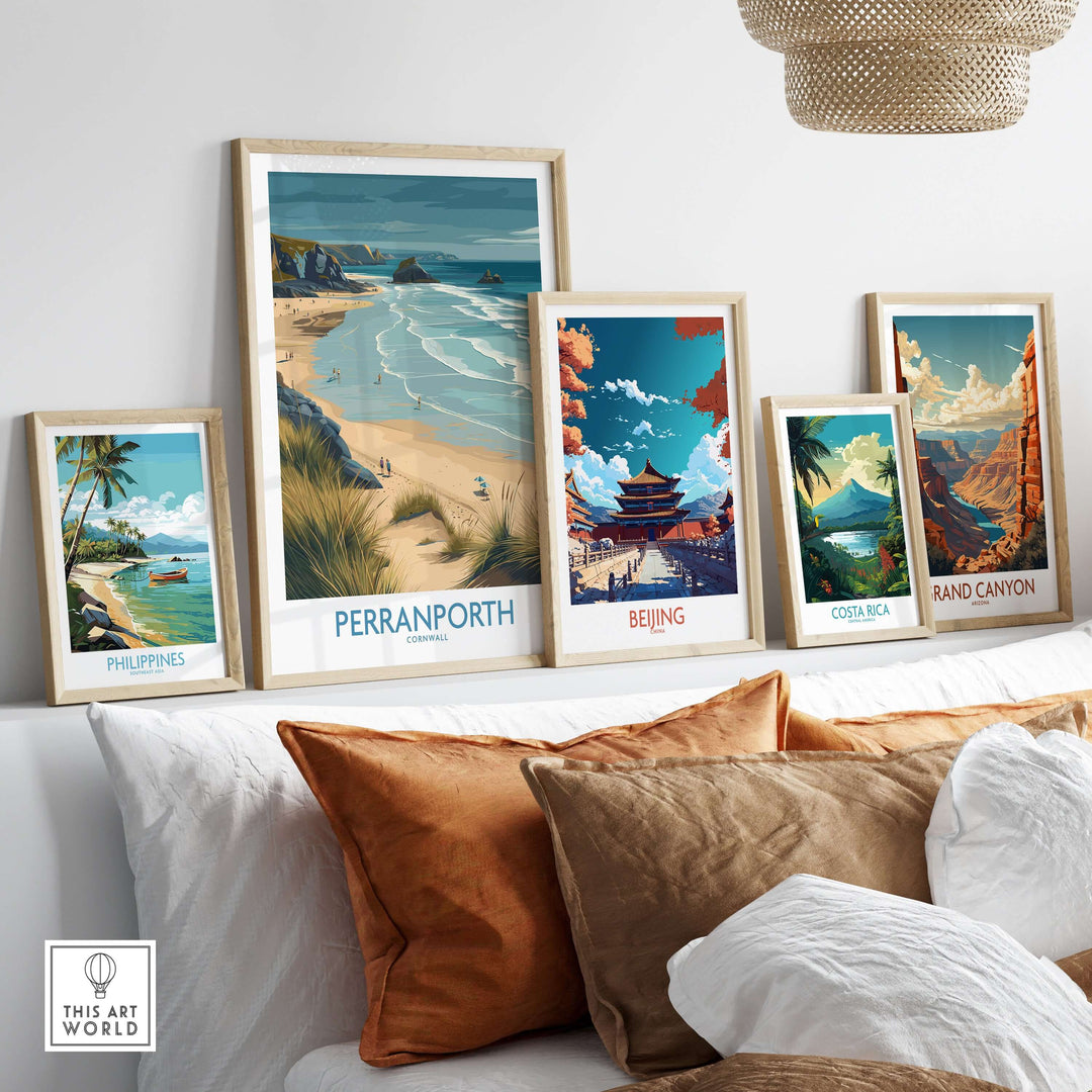Collection of travel posters featuring Perranporth, UK, and scenic destinations like the Philippines, Beijing, and Costa Rica.