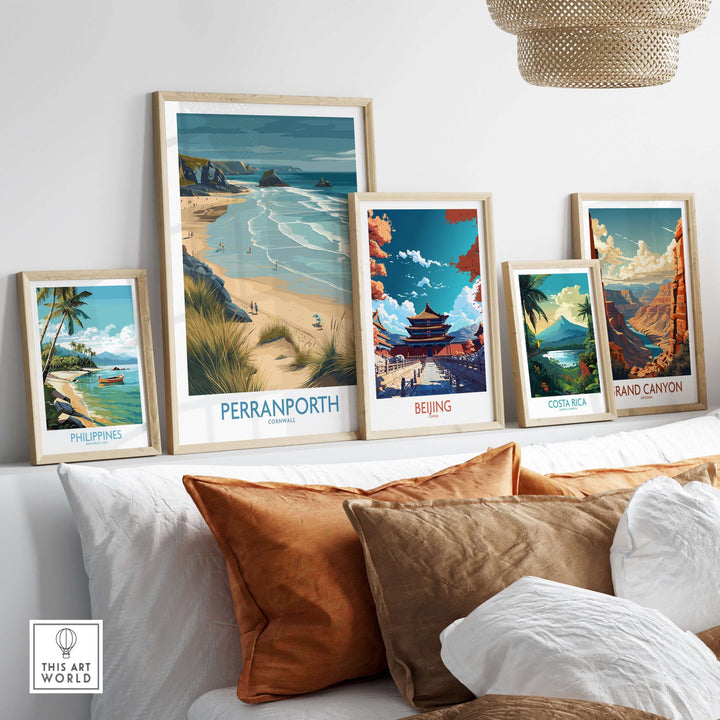 Collection of travel posters featuring Perranporth, UK, and scenic destinations like the Philippines, Beijing, and Costa Rica.