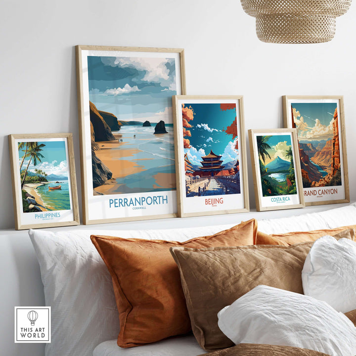Framed wall art featuring Perranporth, Cornwall and various global landscapes, ideal for coastal decor.