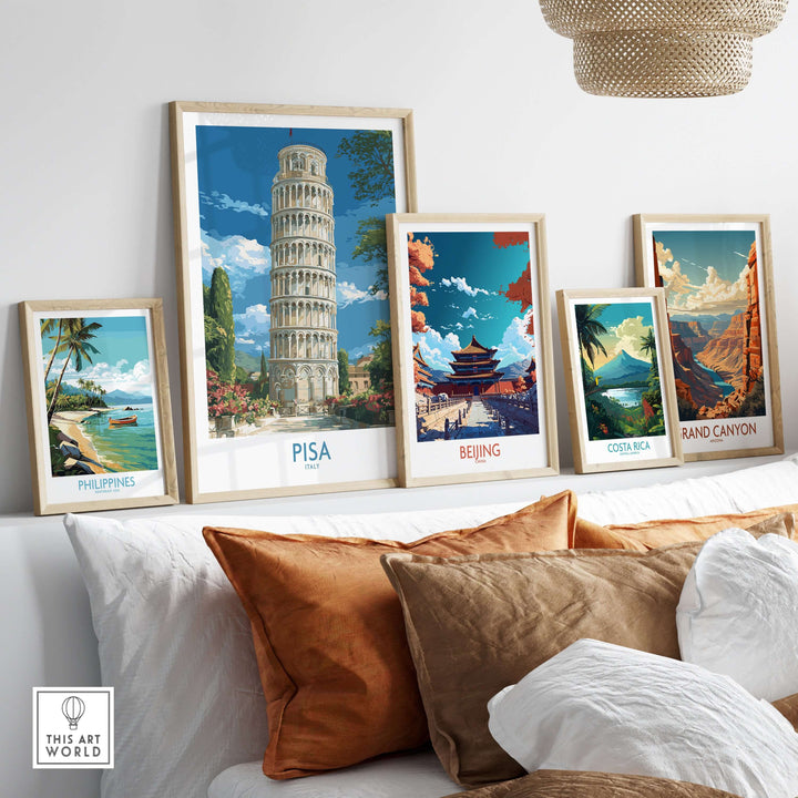 Pisa Italy Bell Tower wall art displayed with travel posters from Philippines, Beijing, Costa Rica, and Grand Canyon.