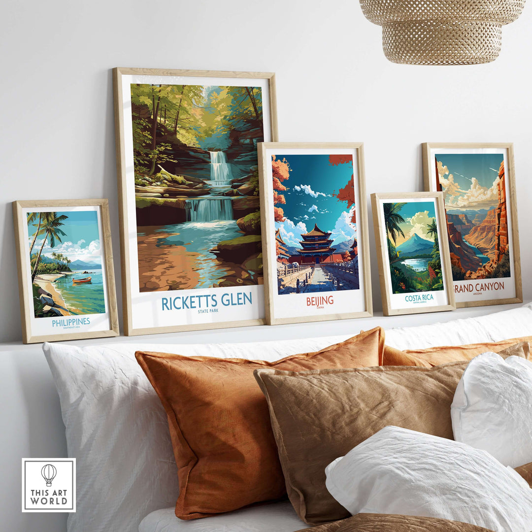 Ricketts Glen State Park waterfall poster among various travel prints in a cozy home decor setting.
