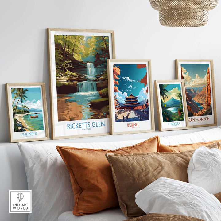 Ricketts Glen State Park waterfall poster among various travel prints in a cozy home decor setting.