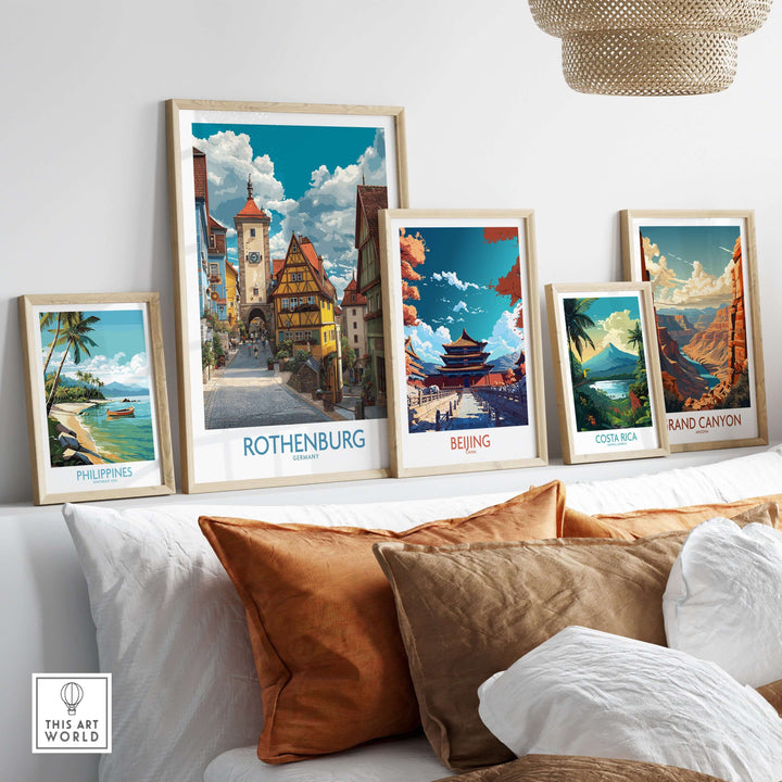 Rothenburg wall art print showcasing medieval architecture displayed with other travel prints.