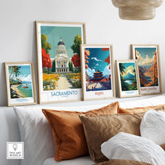 Sacramento California Capitol Poster - Historic Cityscape Print showcased among other travel posters in a stylish interior.