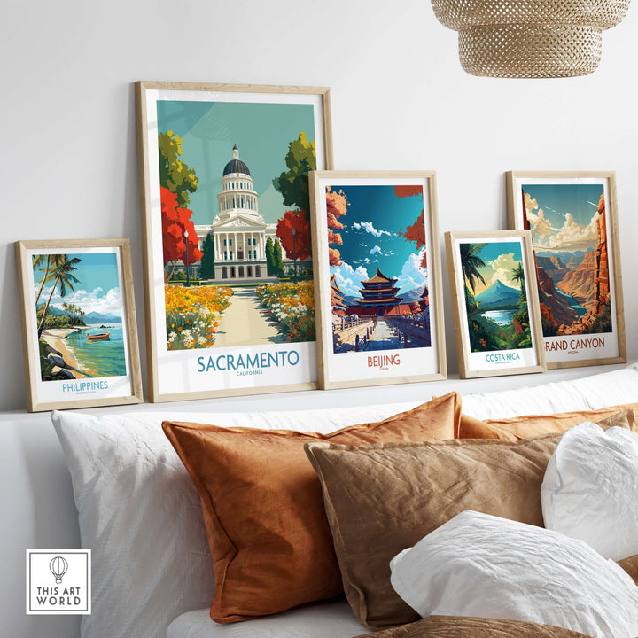 Gallery display of travel posters including Sacramento, Philippines, and Beijing, showcasing iconic cityscapes and landscapes.