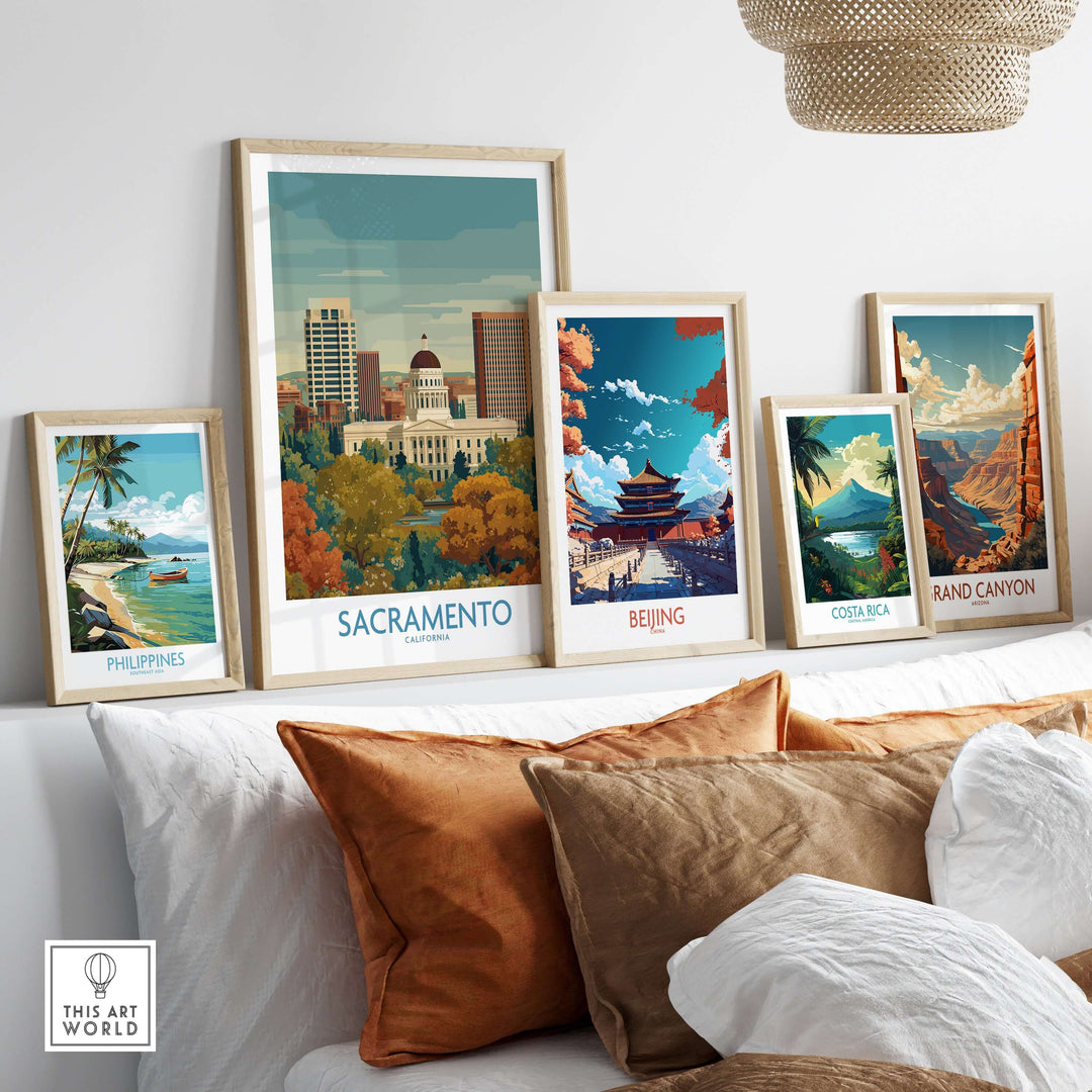 Colorful art prints of Sacramento, Beijing, Costa Rica, and Grand Canyon displayed on a stylish shelf.