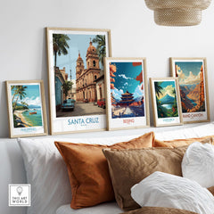Santa Cruz Bolivia Art Print | Historic City Poster framed alongside other travel art prints for stylish home decor.