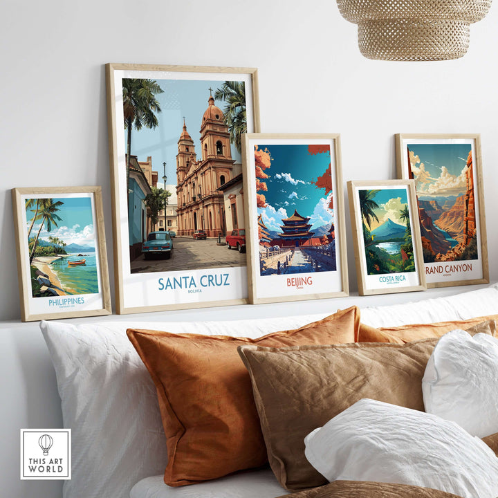 Santa Cruz Bolivia Art Print | Historic City Poster displayed among various travel art prints on a stylish wall.