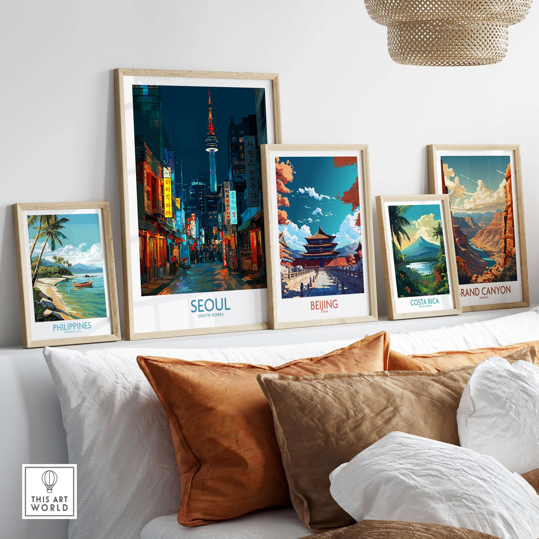 Contemporary wall art featuring cityscape prints of Seoul, Beijing, and nature scenes, styled in a modern living space.
