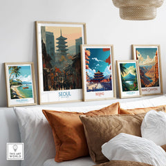 Seoul South Korea Old Town Skyline Wall Art and other travel-themed wall art pieces displayed in a stylish interior setting.
