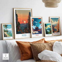 Seoul South Korea Wall Art - Korean Capital Travel Poster displayed among other travel posters on a stylish wall.