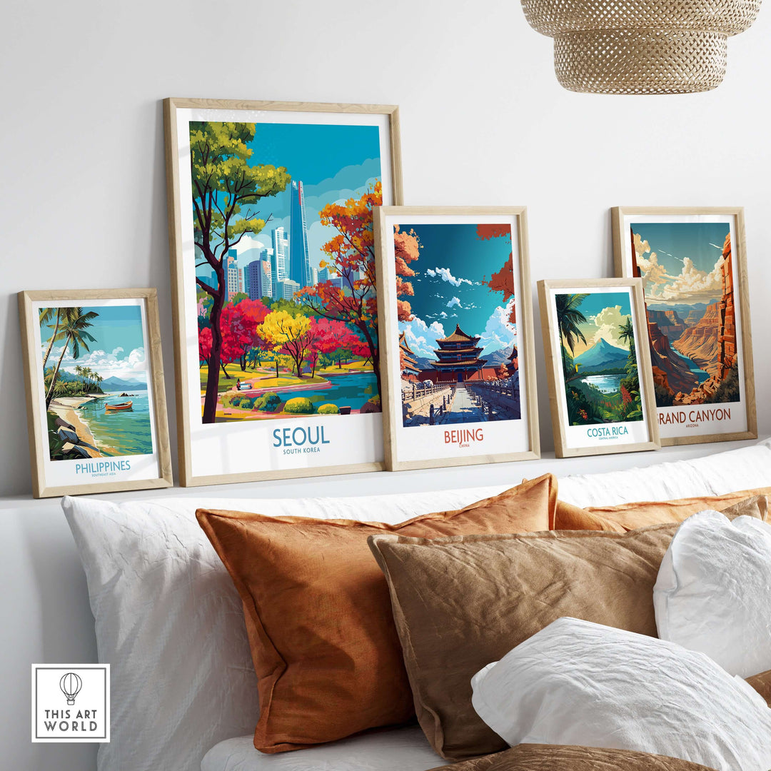 Colorful framed posters of Seoul, Beijing, and more, showcasing vibrant landscapes and urban scenes.