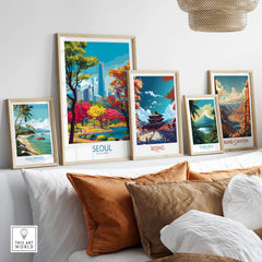 Seoul South Korea City Park Skyline Poster displayed among vibrant travel art prints in a stylish living room setting.