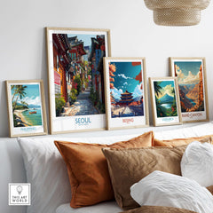 Seoul South Korea Bukchon Hanok Village Poster - Charming City Scene Artwork displayed in a modern living room setting.