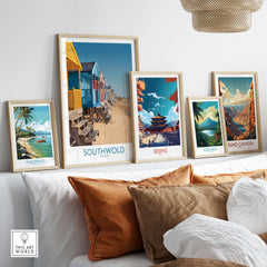Southwold England Travel Poster displayed among other travel posters on a stylish wall.