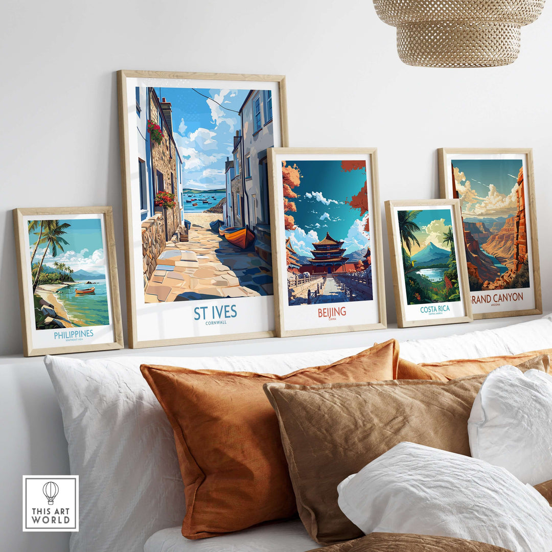 St Ives Cornwall wall art collection featuring harbor boats and coastal scenes, displayed in a cozy living room setting.