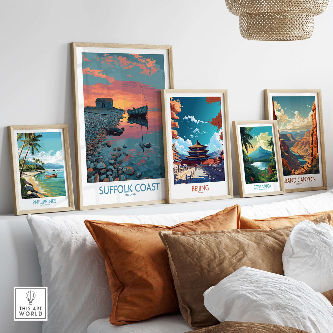 Suffolk Coast poster among travel prints showcasing serene landscapes for home decor.