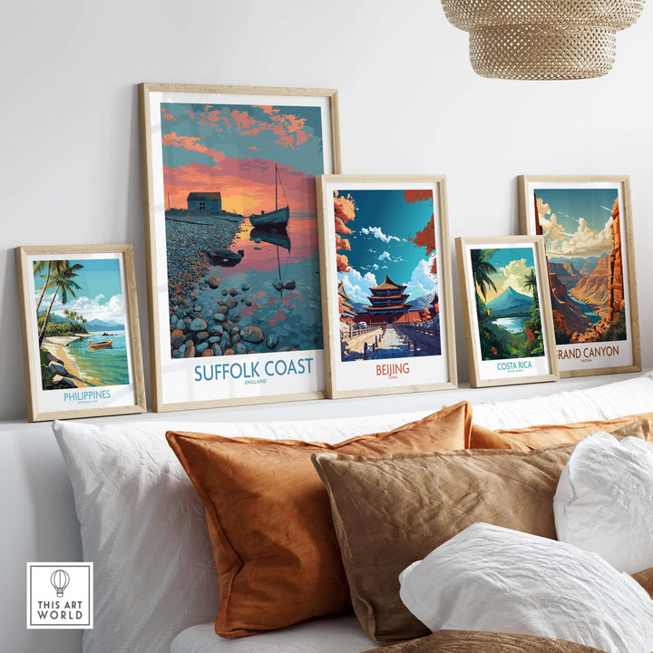 Suffolk Coast poster among travel prints showcasing serene landscapes for home decor.