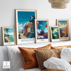 Suffolk Coast England Classic Beach Cabins Poster - English Coastline Decor displayed in a modern living room.