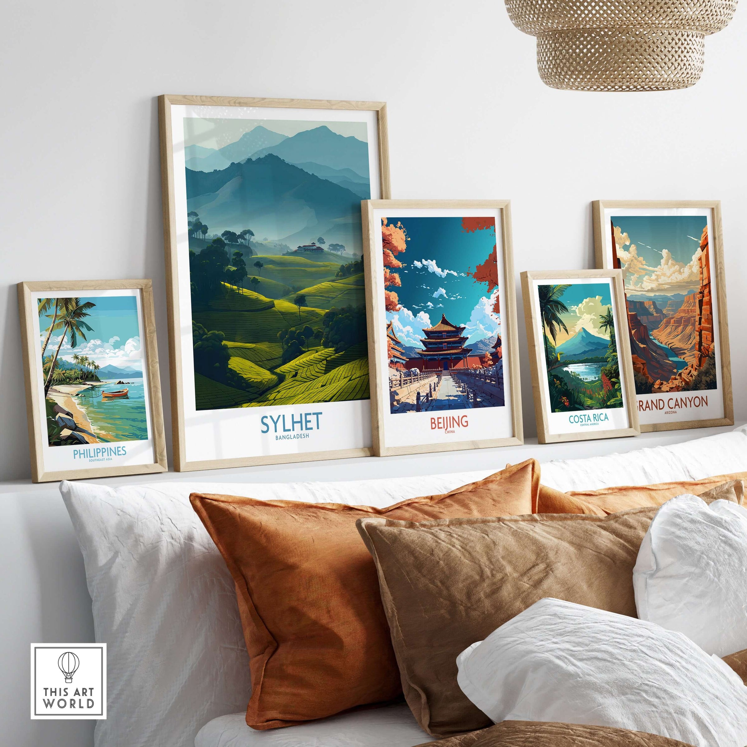 Sylhet Bangladesh Poster - Tea Plantation Fields Artwork displayed among other travel posters on a stylish shelf.