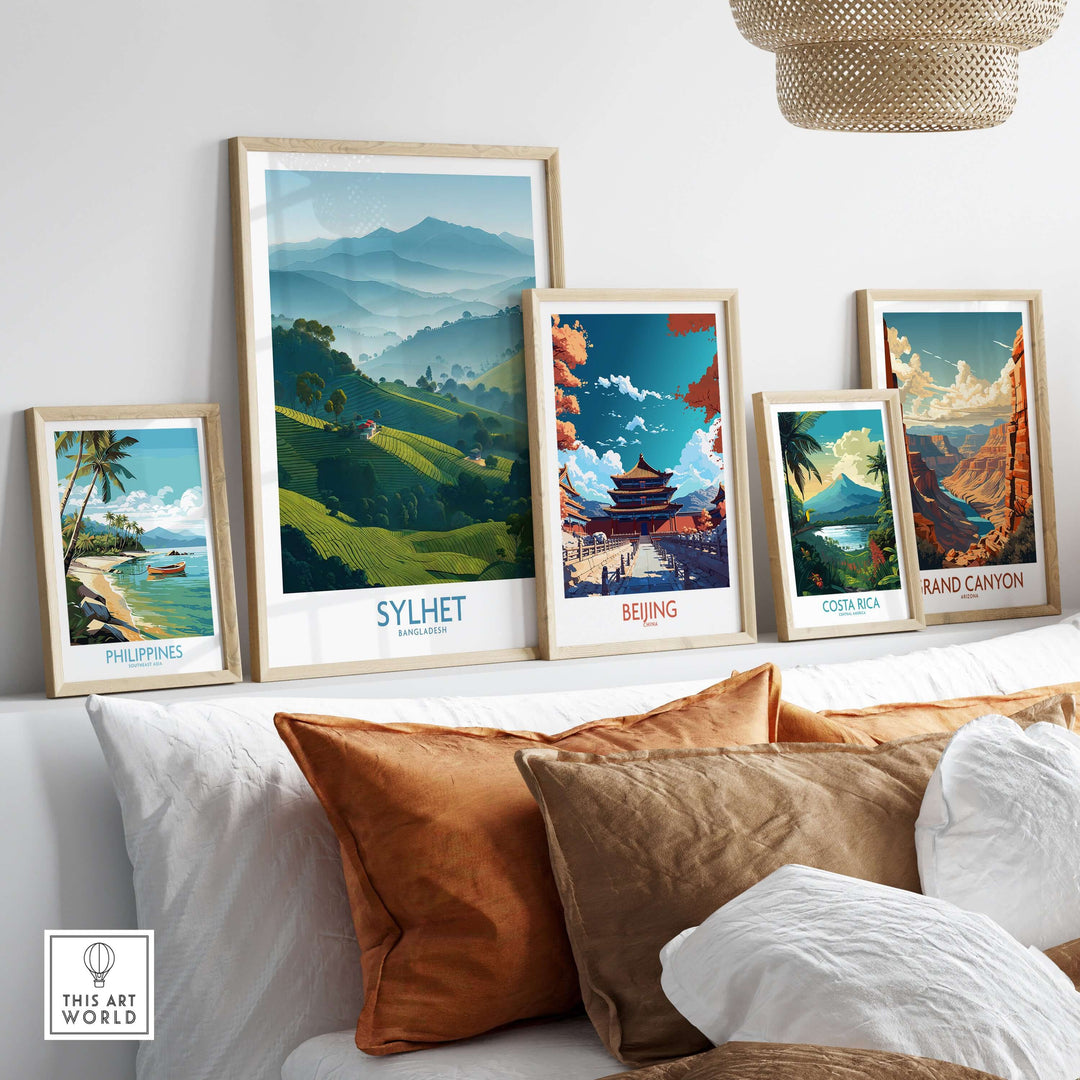 Sylhet Bangladesh tea plantation wall art displayed with framed travel prints, enhancing home decor with nature-inspired visuals.