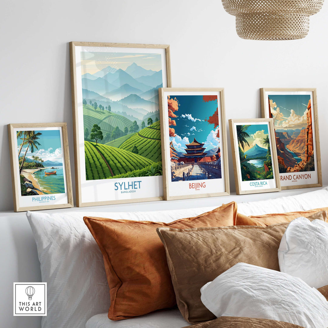 Framed wall art featuring scenic prints of Sylhet, Bangladesh, Beijing, Costa Rica, and the Grand Canyon.