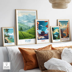Sylhet Bangladesh Wall Art - Scenic Nature Print displayed among other travel posters on a stylish home décor setup.
