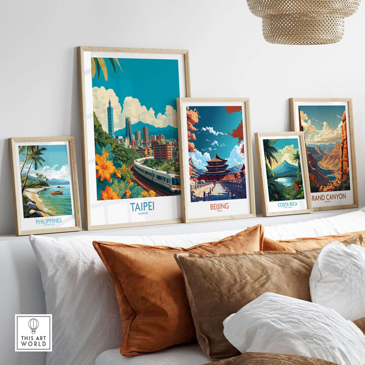 Stylish gallery wall featuring travel posters of Taipei, Beijing, Philippines, Costa Rica, and Grand Canyon.