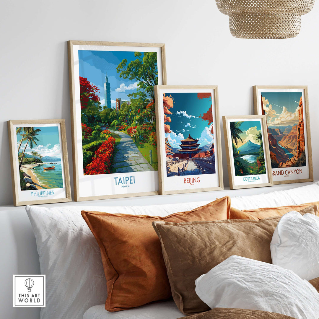 Vibrant art prints featuring Taipei, Beijing, and scenic views on a stylish shelf with cozy decor.