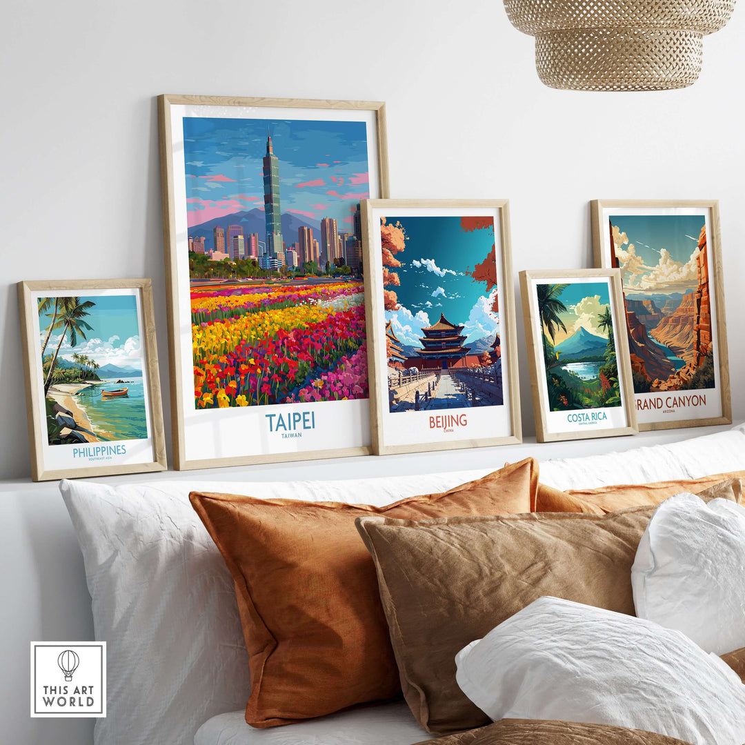 Colorful travel posters including Taipei, Beijing, and Costa Rica displayed in a stylish interior.