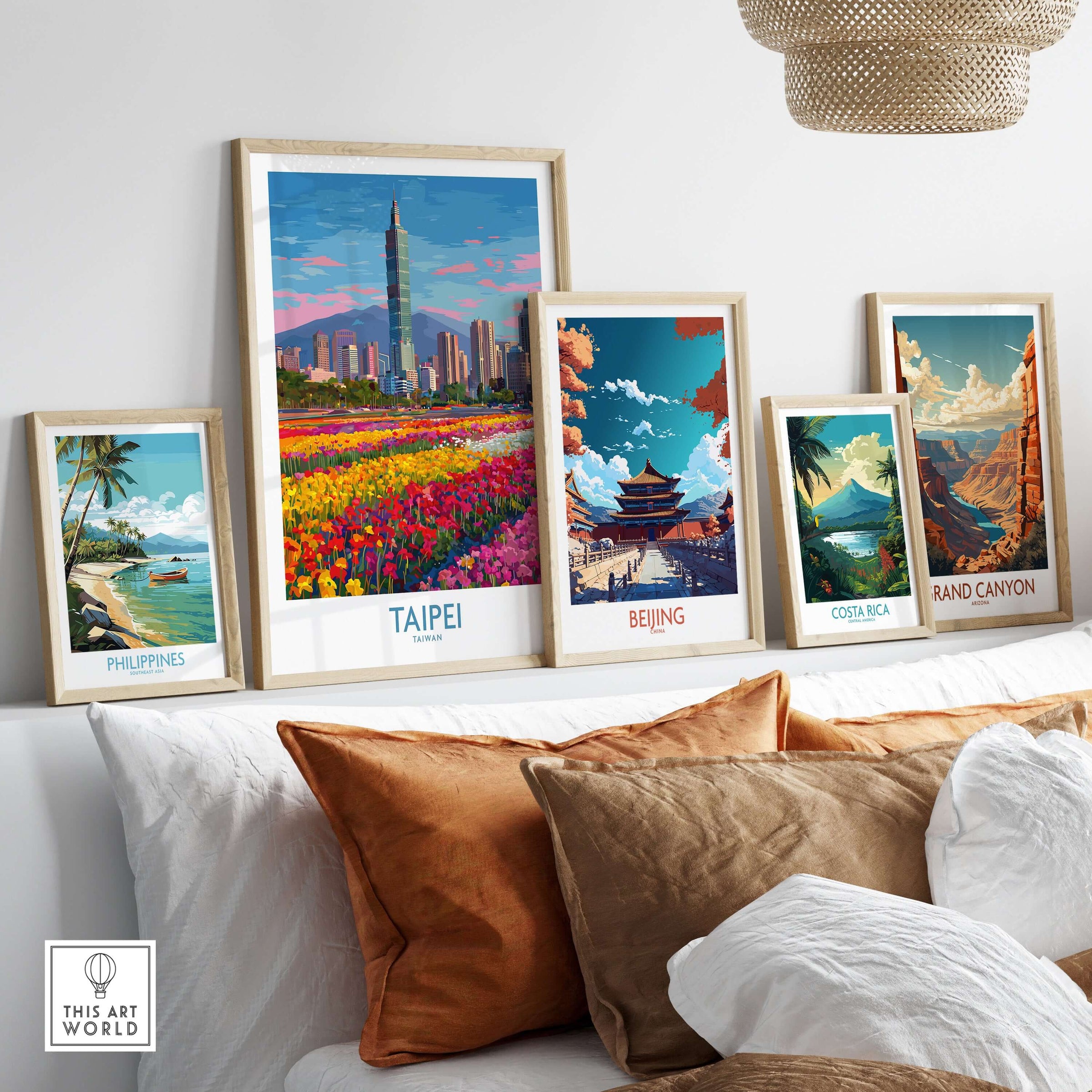 Taipei Taiwan Poster - Modern Urban Travel Print framed alongside other travel posters in a stylish home decor setting.