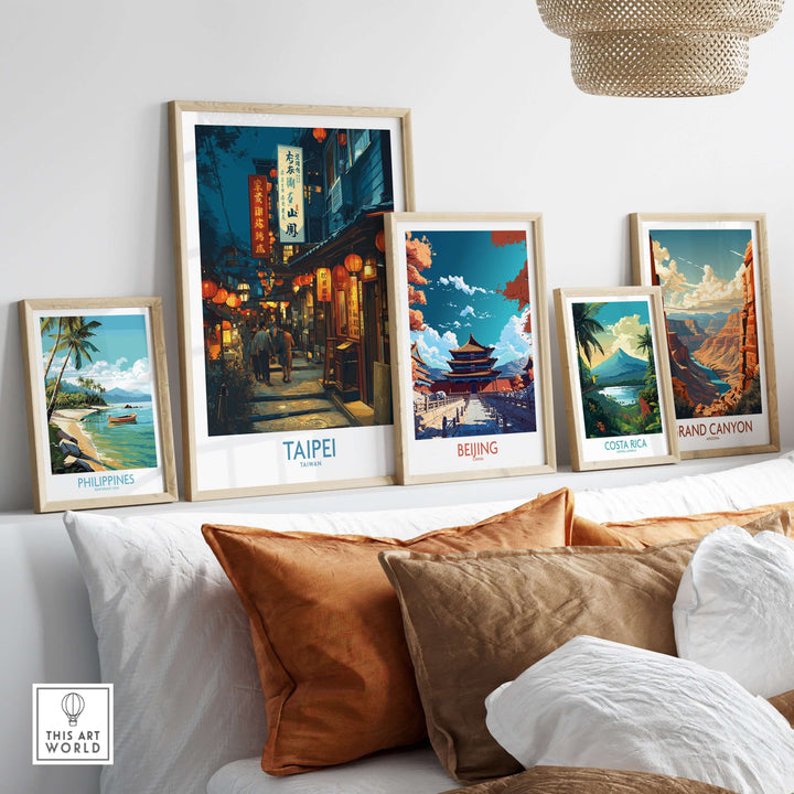 Gallery of vibrant travel posters including Taipei, Beijing, and Costa Rica on a cozy shelf.