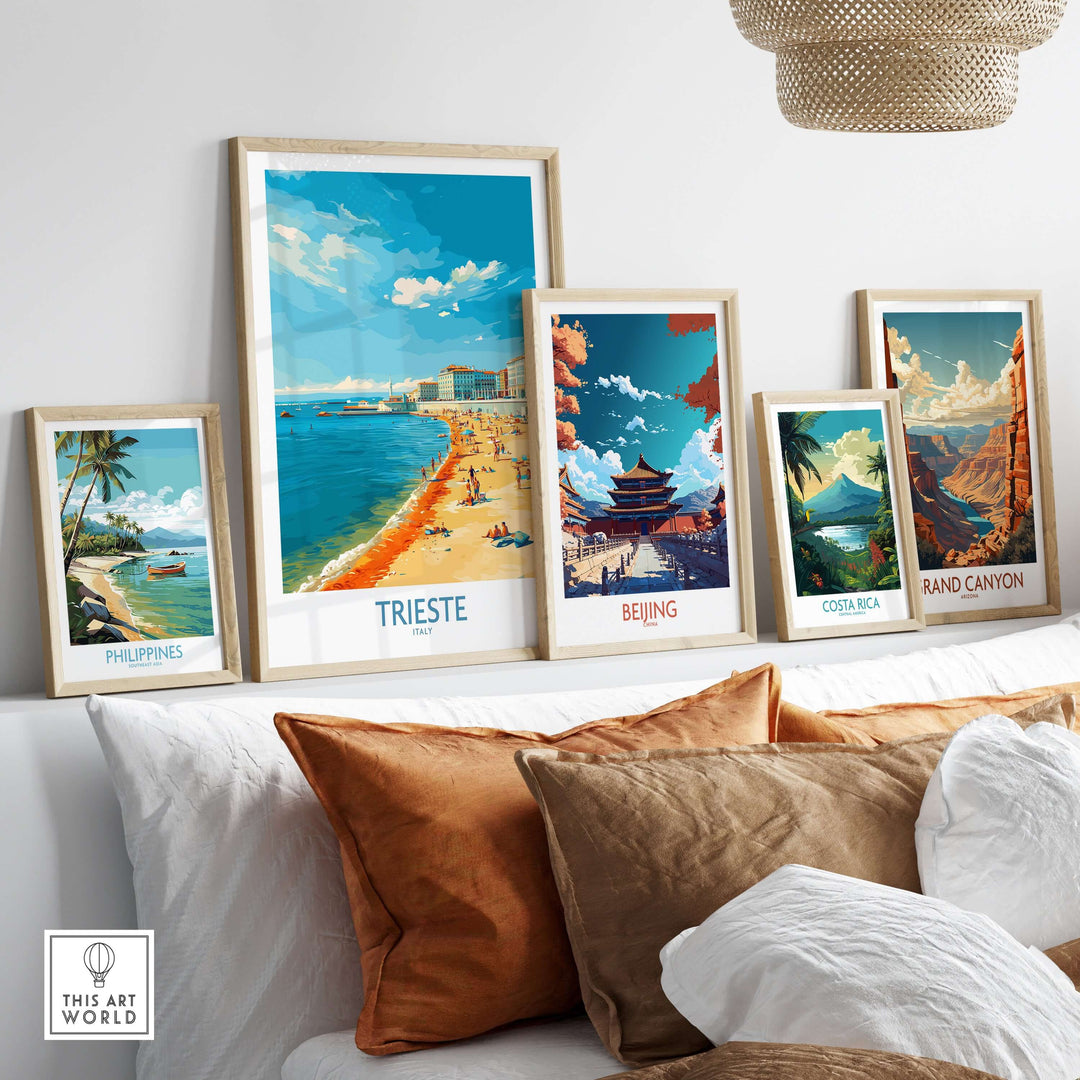 Decorative travel posters including Trieste, Philippines, Beijing, Costa Rica, and Grand Canyon in a stylish living room display.