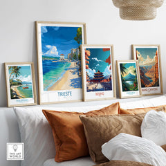 Trieste Italy Beach Poster - Mediterranean Travel Print displayed with other travel art prints on a stylish interior wall.