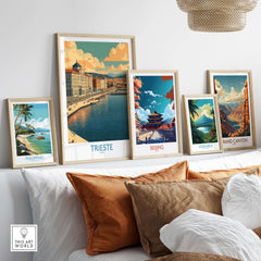 Trieste Italy Wall Art displayed with other travel-themed artworks on a stylish wall, enhancing home décor.