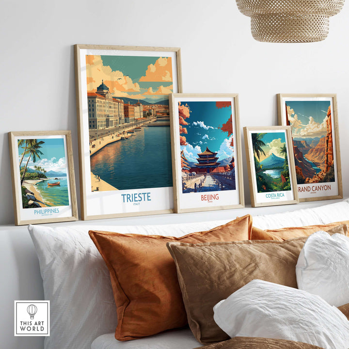 Gallery wall featuring Trieste Italy wall art alongside framed prints of global landmarks like Beijing and the Grand Canyon.