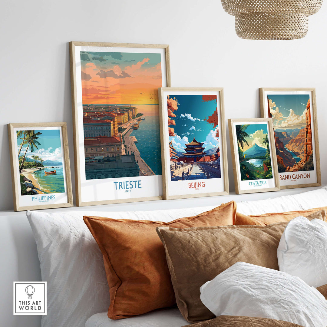 Collection of colorful travel-themed wall art prints featuring Trieste, Beijing, Philippines, Costa Rica, and Grand Canyon.
