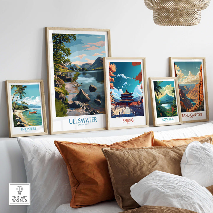 Framed Ullswater poster alongside other travel posters, showcasing scenic landscapes for a cozy home decor.