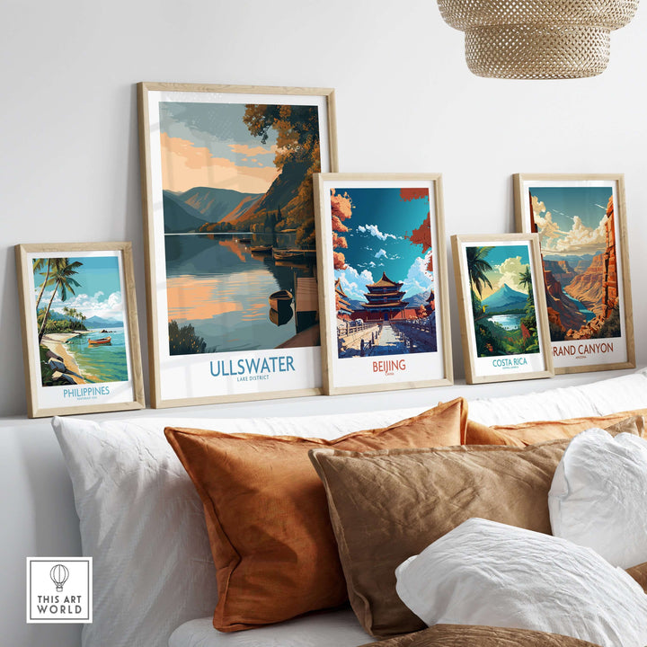Framed wall art featuring Ullswater, Beijing, Costa Rica, Grand Canyon, and Philippines in a stylish living room setting.