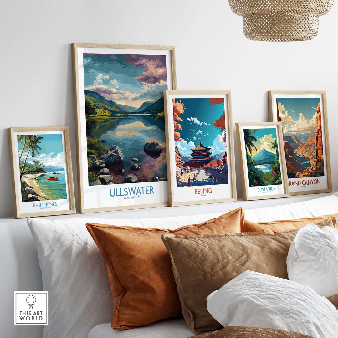 Ullswater Lake District poster among travel art prints showcasing nature decor in a stylish living room setting.